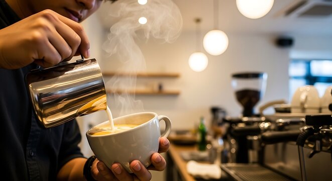 Barista pouring steamed milk coffee.
