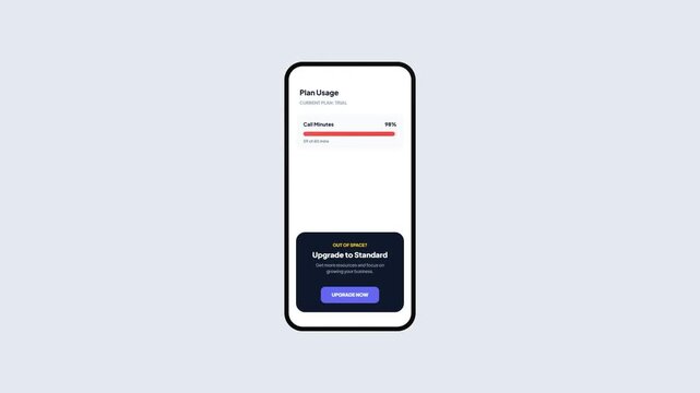 Smartphone Interface Design for Call Minutes Usage Tracker with Progress Bar and Upgrade to Standard Plan Alert