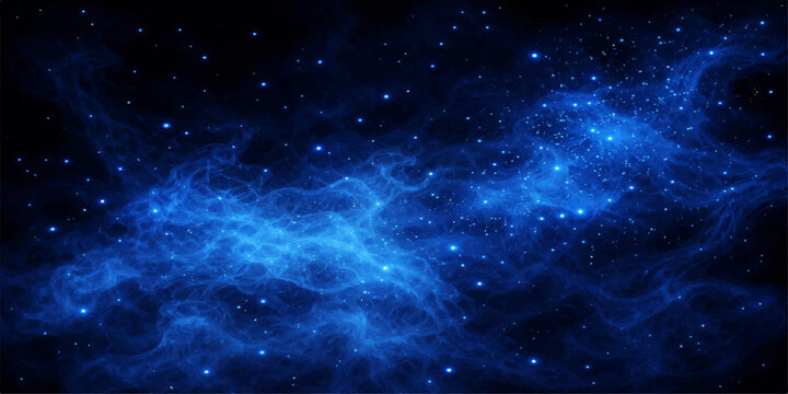 An abstract deep space background features a bright blue nebula and a glowing starfield within the dark cosmic night of the outer universe