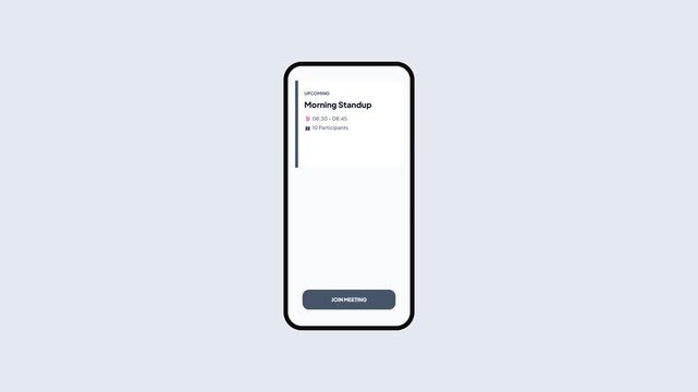 Mobile Calendar App Push Notification and Morning Standup Meeting Details UI with Join Button Animation