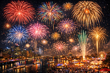 Fototapeta premium A vibrant night sky filled with colorful fireworks exploding above a body of water.