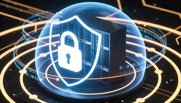 Glowing padlock-activated energy dome enclosing a server rack, floating encrypted data streams orbiting the shield barrier, minimalist clean 3D render, dark futuristic backdrop, vivid color scheme, lo