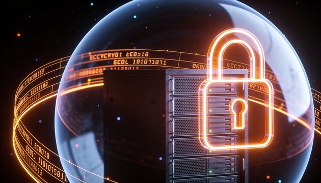 Glowing padlock-activated energy dome enclosing a server rack, floating encrypted data streams orbiting the shield barrier, minimalist clean 3D render, dark futuristic backdrop, vivid color scheme, lo