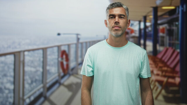 Man with hand on chin on cruise ship deck, mint tshirt, gray hair and stubble, lifebuoy and deck chairs visible, facing camera; contemplation.