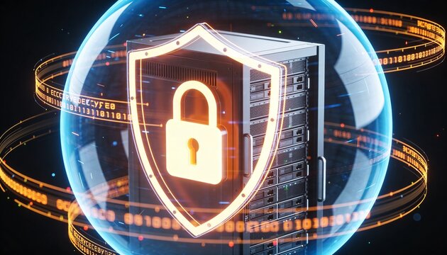 Glowing padlock-activated energy dome enclosing a server rack, floating encrypted data streams orbiting the shield barrier, minimalist clean 3D render, dark futuristic backdrop, vivid color scheme, lo