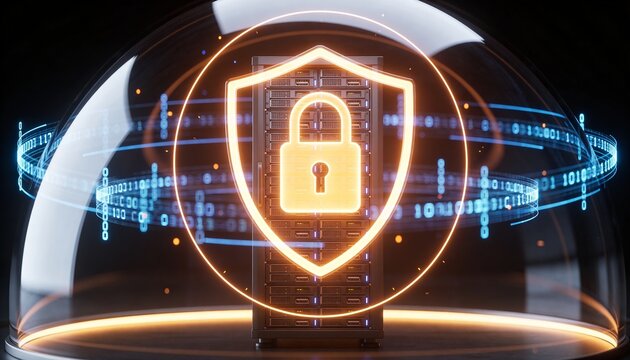 Glowing padlock-activated energy dome enclosing a server rack, floating encrypted data streams orbiting the shield barrier, minimalist clean 3D render, dark futuristic backdrop, vivid color scheme, lo
