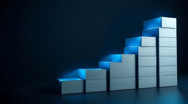 3d ascending bar chart with glowing blue neon light