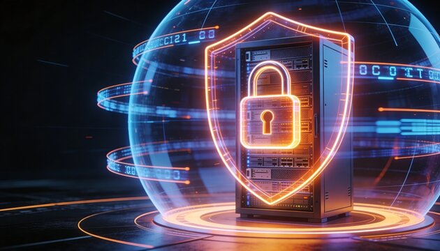 Glowing padlock-activated energy dome enclosing a server rack, floating encrypted data streams orbiting the shield barrier, minimalist clean 3D render, dark futuristic backdrop, vivid color scheme, lo