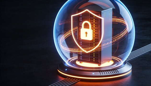 Glowing padlock-activated energy dome enclosing a server rack, floating encrypted data streams orbiting the shield barrier, minimalist clean 3D render, dark futuristic backdrop, vivid color scheme, lo