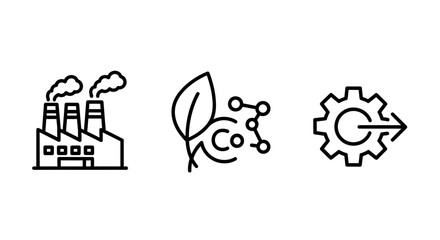 Fototapeta premium Industrial production and environmental impact icon set showing factory emissions carbon dioxide reduction mechanical process efficiency climate change line art climate action industry