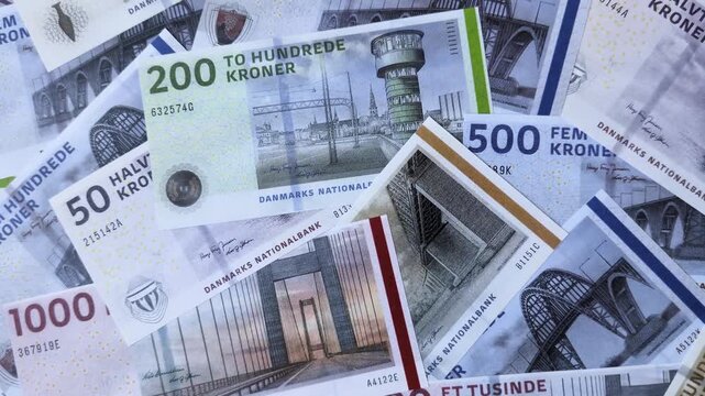 Money, currency of Denmark, Danish krone banknotes of various denominations. Denmark, Danish money as a financial background for your design