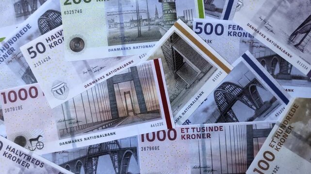 Money, currency of Denmark, Danish krone banknotes of various denominations. Denmark, Danish money as a financial background for your design