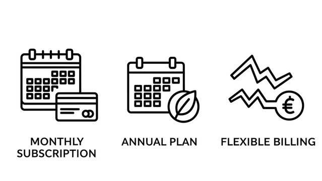 Billing plan icons: monthly subscription annual plan flexible billing with subscription flexible calendar credit card business contract agreement transaction commerce financial management