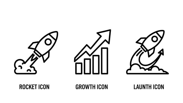 Icons of rocket launching with smoke bar chart showing growth rocket launch icon business growth startup icon increase business progress development exploration technology speedometer