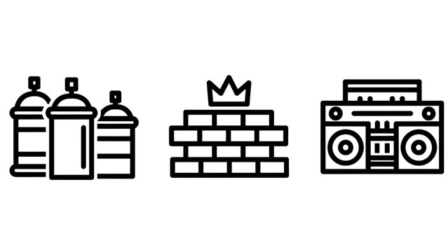 Set of street art and hip hop culture icons spray paint cans brick wall and boombox radio with graffiti creativity graphics artistic expression spraypaint construction symbolic creative