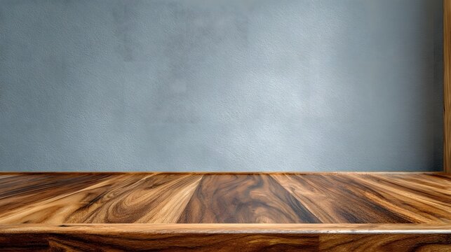 Warm polished wooden surface set against a clean complementary muted grey background perfect for product placement or staging