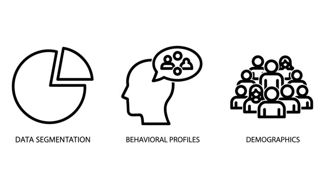 Marketing data segmentation behavioral profiles and demographics target audience analysis vector line icon set for customer research with marketing segmentation behavior demographics business