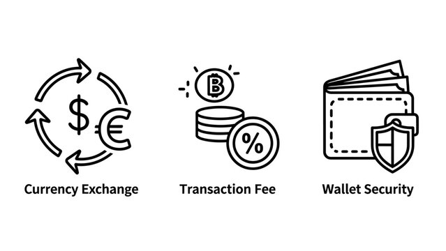 Financial technology icons for currency exchange transaction fees and digital wallet security with currency exchange transaction security protection blockchain technology business investment