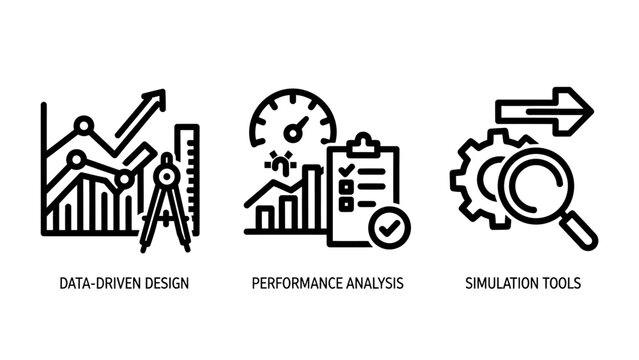 Data driven design performance analysis and simulation tools vector line icons for business engineering and technical management graphic set with performance analysis simulation business technical