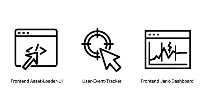 Web development and monitoring icons including frontend asset loader user event tracker error dashboard with line art software development frontend programming tracking dashboard analytics