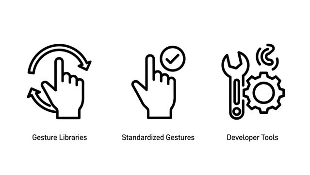 Mobile interface gesture and engineering tool icons for developers featuring touch controls and maintenance settings line art standardized developer settings configuration interface experience