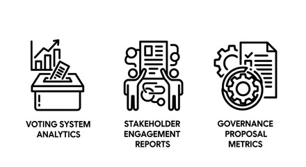 Naklejka premium Corporate governance and reporting icons illustrating voting system analytics stakeholder engagement reports with people governance proposal metrics with gears and documents analytics proposal