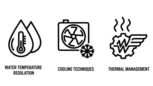 Thermal management and cooling techniques icon set for water temperature regulation systems and industrial heat control processes with management temperature regulation technology industrial