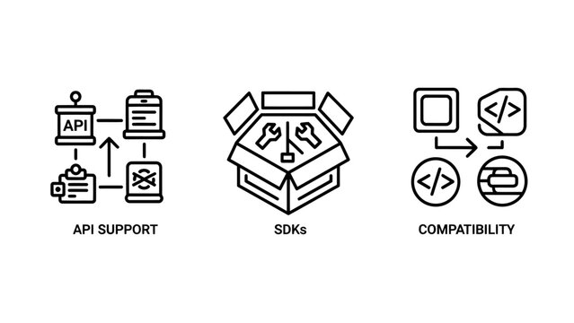 Technical linear icons representing api support sdk software development kits and platform compatibility for programming environments with compatibility software development programming platform