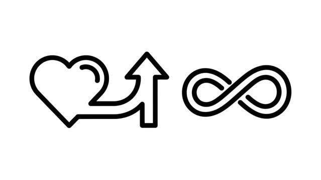 Conceptual line icons illustrating emotional and health progress with a heart connected to an upward growth arrow alongside a mathematical infinity symbol representing eternal love and life, infinity