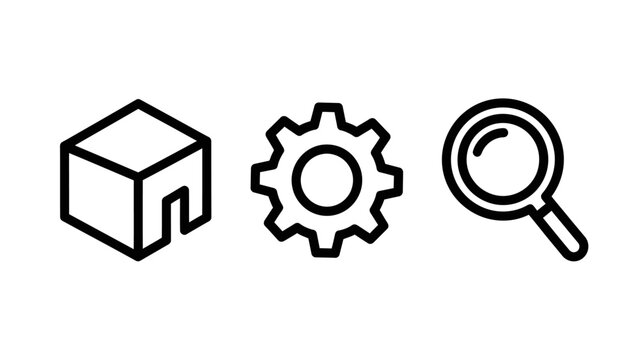Industrial and digital business icons featuring a warehouse storage cube a mechanical gear for settings or processes a magnifying glass for search inspection deep analysis tasks warehouse settings