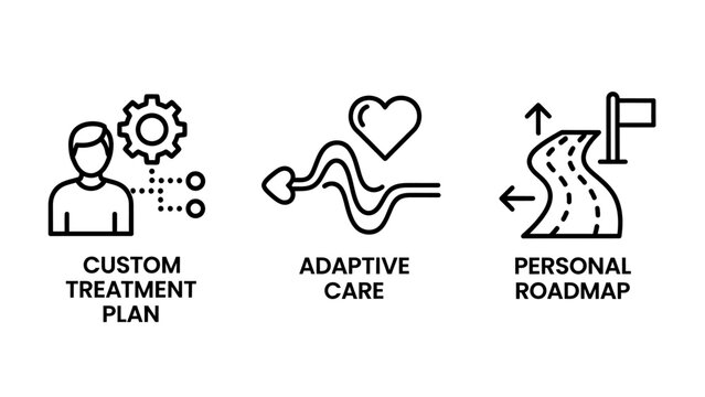 Conceptual icons for custom treatment plan adaptive care personal roadmap representing personalized healthcare and strategic progress patient care well being line art healthcare progress