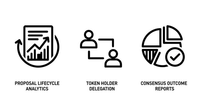 Proposal lifecycle analytics token holder delegation consensus outcome reports icons with line art analytics statistics document proposal lifecycle management delegation consensus decision