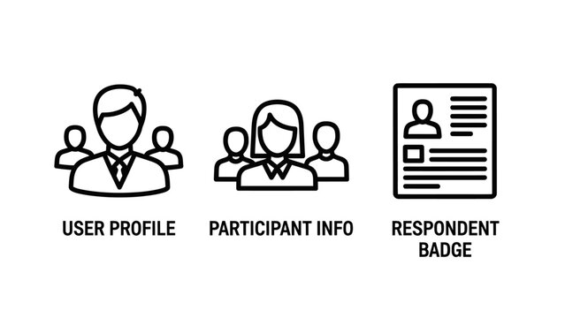 User account and participant identity icon set for personal profiles and respondent identification badges with participant identity respondent information personal registration character