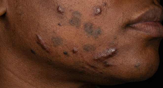 Macro detail of adult cystic acne and dark hyperpigmentation spots on a person of color's jawline and cheek.