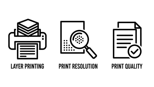 Set of professional printing technology icons for layer printing resolution and quality with printing resolution technology magnifying document industrial equipment production business