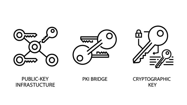 Public key infrastructure pki bridge cryptographic key icons with private key network security digital security data security access control identity management secure access key exchange