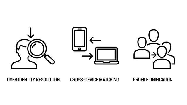 User identity resolution cross-device matching profile migration icons for digital data management with data flow user experience data privacy data security account management identity matching
