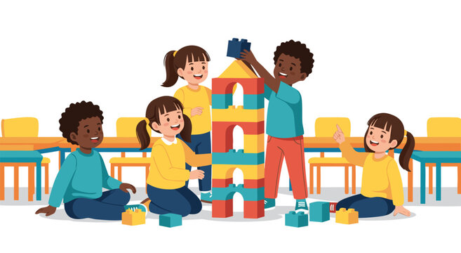 Children playing with building blocks, vector illustration of kids having fun and learning, educational and creative fun