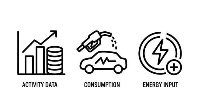 Activity data consumption energy input business icons set with icon set bar chart electric vehicle web design black and white consumption business analytics dashboard electricity statistics