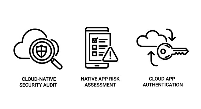 Cloud security and risk assessment icons set with security assessment authentication protection cybersecurity application smartphone verification technology management business software