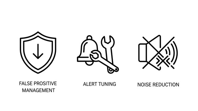 Set of technical icons for false positive management fine tuning noise reduction with management security optimization reduction settings software development technology interface monitoring