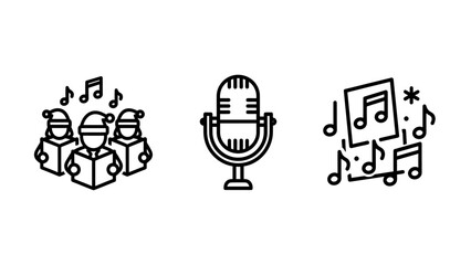 Naklejka premium Christmas caroling and music performance line icons set including choir singers vintage microphone and musical notes with snowflakes christmas microphone performance celebration entertainment