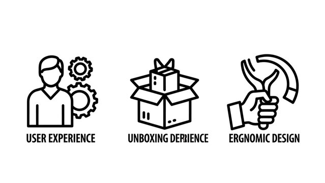 User experience unboxing experience ergonomic design icons for product and service development with black and white interface development innovation technology usability accessibility packaging