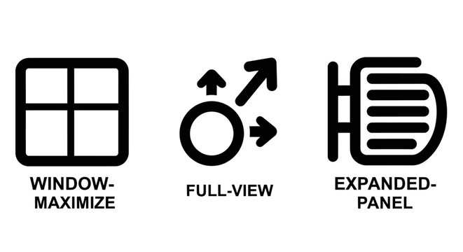 User interface interaction icons including window maximize full-view and expanded panel with interface maximize expanded interaction software application navigation technology computer