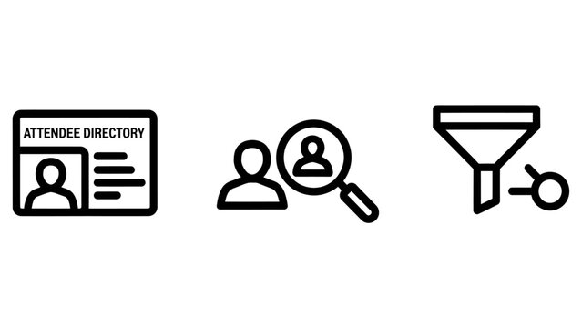 Attendee management and data filtering business icon set with attendee directory filtering management identity information organization selection analysis business interface software