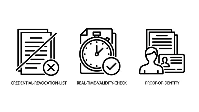 Security verification icons showing certificate revocation list real-time validity check with stopwatch proof of identity security identity verification certificate revocation validity