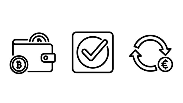 Financial icons representing a cryptocurrency bitcoin wallet transaction approval checkmark euro currency exchange cryptocurrency exchange currency checkmark validation transaction