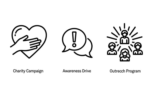 Charity campaign awareness drive and outreach program line icons for non-profit organizations and community support services with campaign awareness outreach donation community volunteer