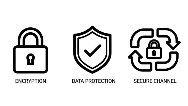 Cybersecurity icons for data protection including encryption padlock security shield with checkmark secure communication channel symbols security protection encryption technology internet