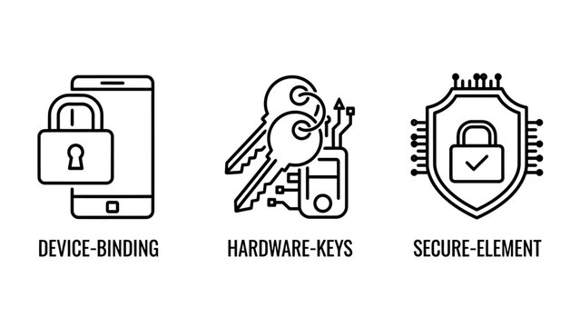 Mobile security icons for digital protection including device binding hardware keys secure element shield security technology smartphone hardware electronic authentication protection